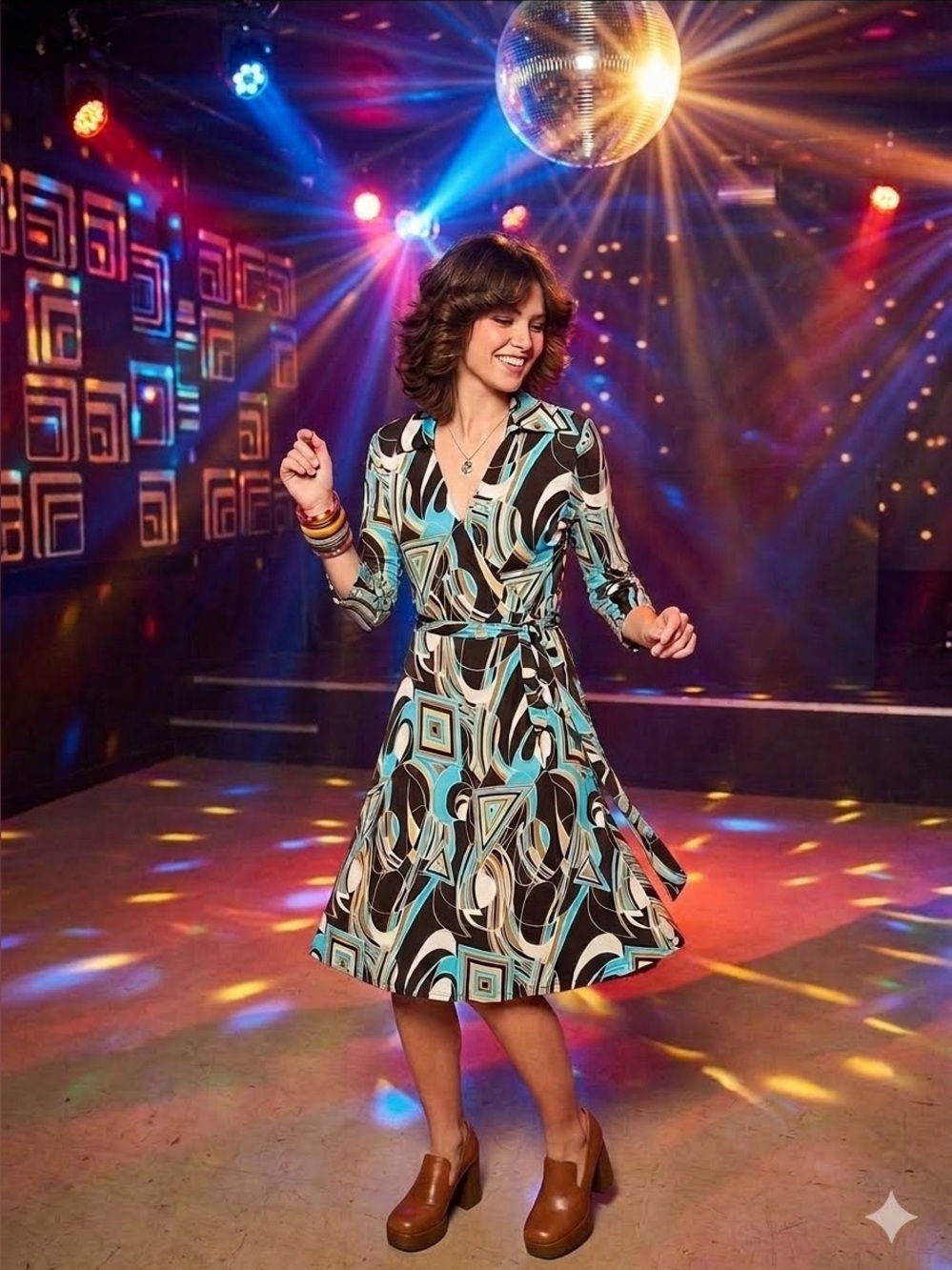 Spago Vintage Abstract Print Wrap Dress Turquoise, Black & Cream